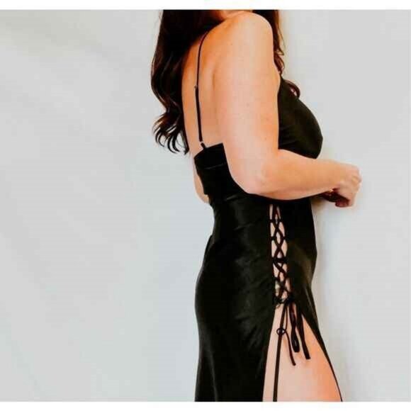 Victoria’s Secret VTG Satin Maxi Slip Dress Size L Black Gown Open Lace Up Sides - Picture 1 of 14